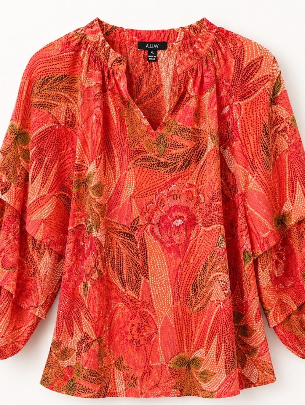 A.U.W. Women’s XL Coral Floral Ruffle Sleeve Boho Blouse